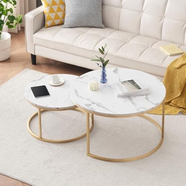 Ginhow Table basse aspect marbre - Table d'appoint pour salon - Diamètre 80 + 60 cm - Grande table ronde - MDF - Aspect marbre blanc et structure en acier doré