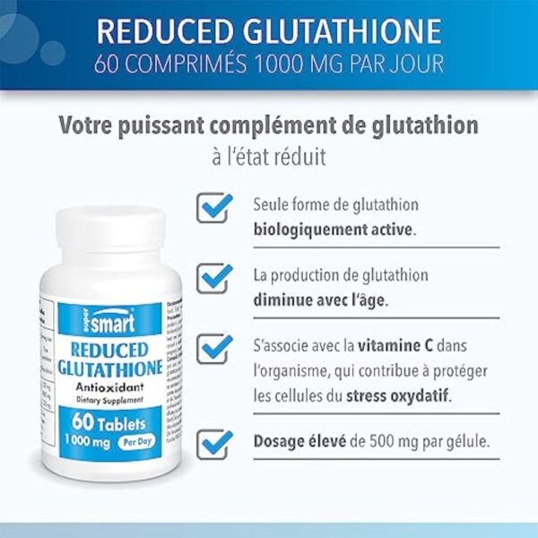 Glutathione Réduit (GSH) 1000 mg Par Jour - Antioxidant - Tripeptide Formé des Acides Aminés Cystéine, Acide Glutamique et Glycine - Enrichi à la Vitamine C - Vegan - Sans Gluten - Supersmart – Image 3