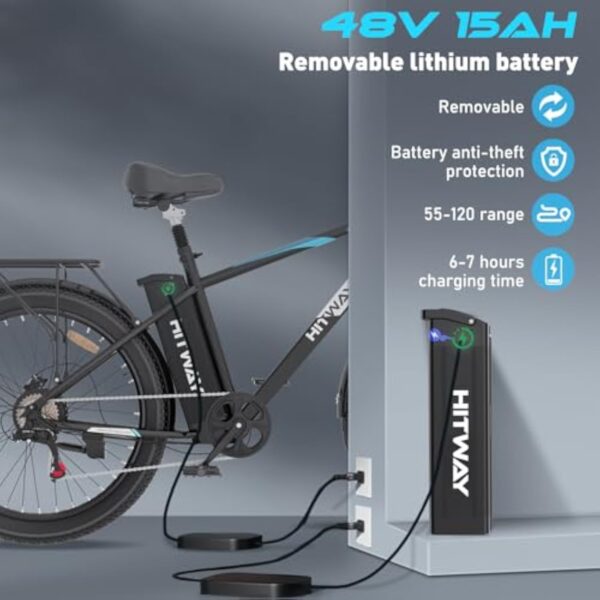 HITWAY Vélo électrique, 26*3.0 Pouces Ebike 250W Moteur Velo Electrique,VTT Batterie Lithium Amovible 48V/15Ah, 7 Vitesses Vélo de Ville Velo Hollandais Femme Bicyclette Adulte ebike,jusqu'à 50-120km – Image 3