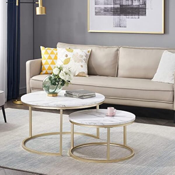 HJhomeheart Lot de 2 Tables d'appoint Rondes, Table Basse, Grande : 60 x 60 x 45 cm ; Petite : 40 x 40 x 35 cm, Blanc et Or