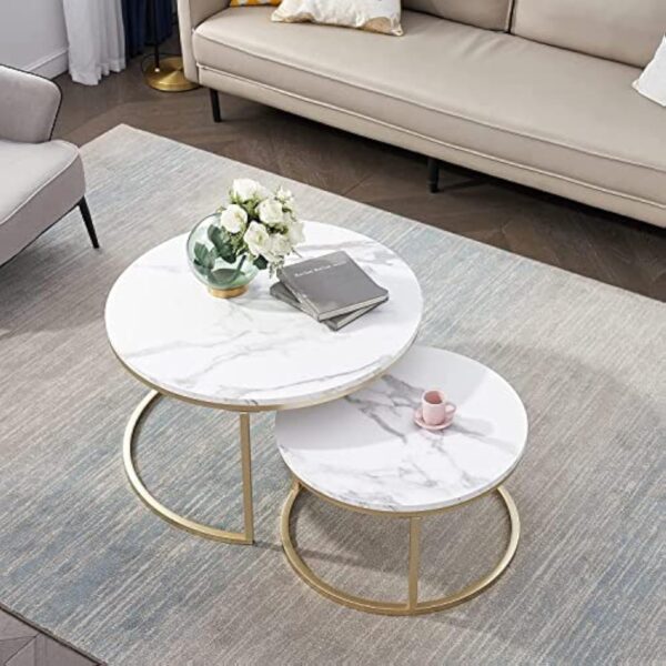 HJhomeheart Lot de 2 Tables d'appoint Rondes, Table Basse, Grande : 60 x 60 x 45 cm ; Petite : 40 x 40 x 35 cm, Blanc et Or – Image 3