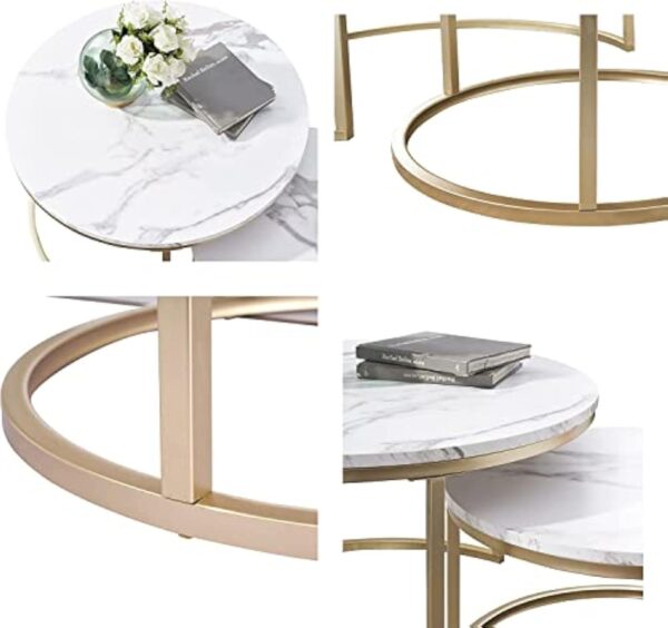 HJhomeheart Lot de 2 Tables d'appoint Rondes, Table Basse, Grande : 60 x 60 x 45 cm ; Petite : 40 x 40 x 35 cm, Blanc et Or – Image 4