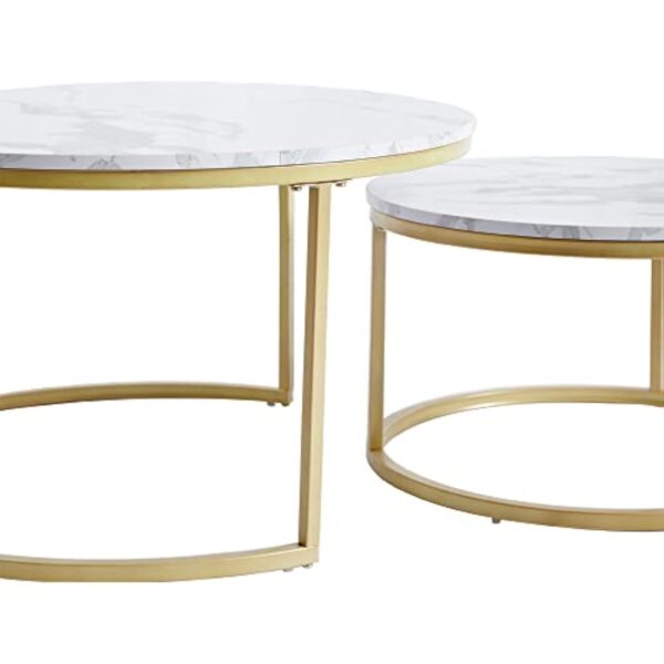 HJhomeheart Lot de 2 Tables d'appoint Rondes, Table Basse, Grande : 60 x 60 x 45 cm ; Petite : 40 x 40 x 35 cm, Blanc et Or – Image 7