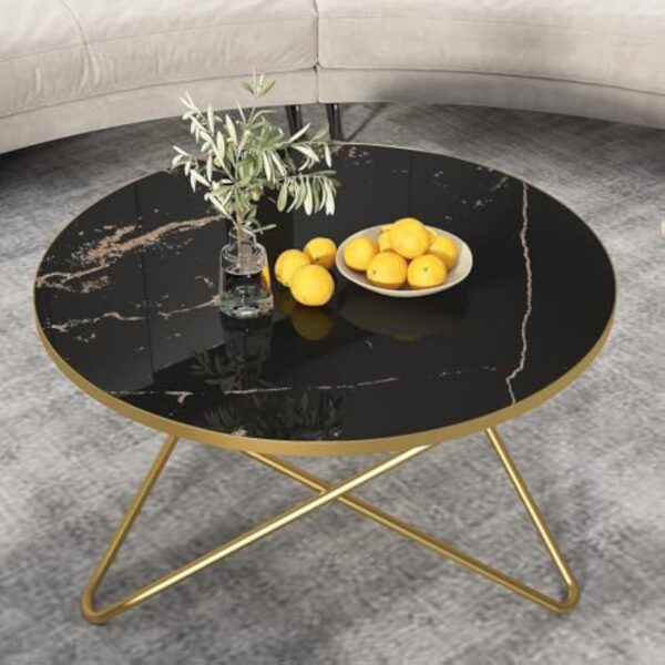 HOLTICO Table d'appoint ronde, noire et dorée, pour salon, jardin, balcon, chambre à coucher, table basse ronde, moderne, pour plantes, extérieur, avec motif marbre – Image 2
