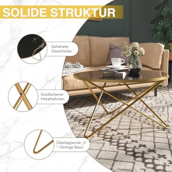 HOLTICO Table d'appoint ronde, noire et dorée, pour salon, jardin, balcon, chambre à coucher, table basse ronde, moderne, pour plantes, extérieur, avec motif marbre – Image 4