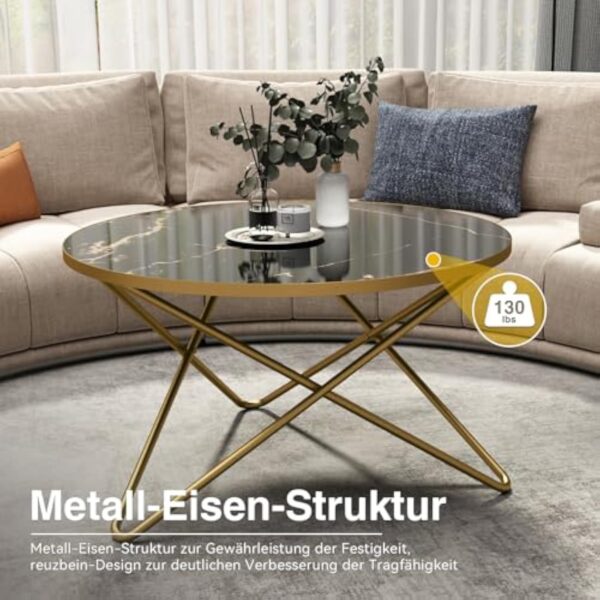 HOLTICO Table d'appoint ronde, noire et dorée, pour salon, jardin, balcon, chambre à coucher, table basse ronde, moderne, pour plantes, extérieur, avec motif marbre – Image 5