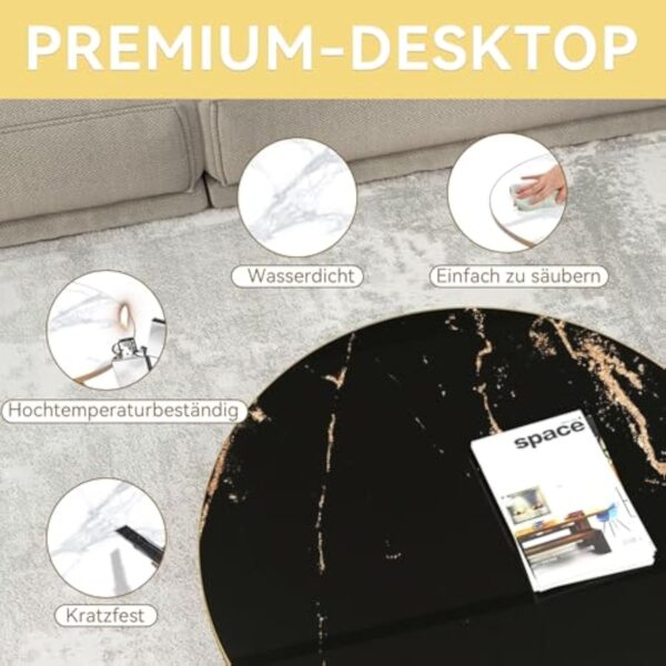 HOLTICO Table d'appoint ronde, noire et dorée, pour salon, jardin, balcon, chambre à coucher, table basse ronde, moderne, pour plantes, extérieur, avec motif marbre – Image 6