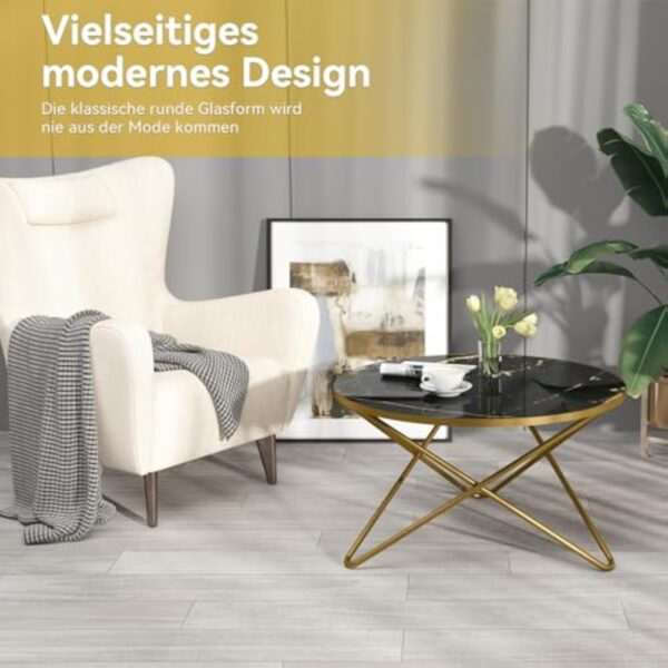 HOLTICO Table d'appoint ronde, noire et dorée, pour salon, jardin, balcon, chambre à coucher, table basse ronde, moderne, pour plantes, extérieur, avec motif marbre – Image 8