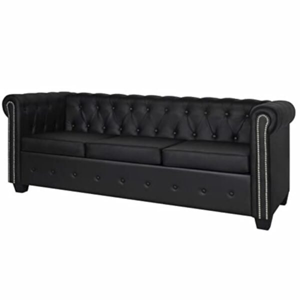 Homgoday Canapé Chesterfield 3 places en cuir artificiel noir, canapé 3 places, canapé en cuir, canapé vintage, canapé en cuir – Image 2
