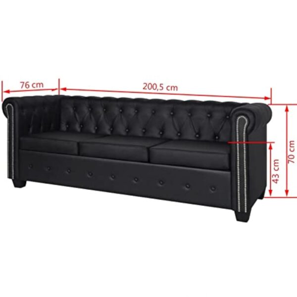 Homgoday Canapé Chesterfield 3 places en cuir artificiel noir, canapé 3 places, canapé en cuir, canapé vintage, canapé en cuir – Image 6