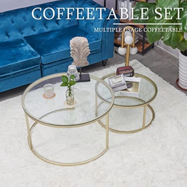Huuryoudo Lot de 2 Tables Basses en Verre doré avec Structure en métal - Table d'appoint Ronde pour Balcon, canapé, Petite Table de Salon, Plateau en doré – Image 3