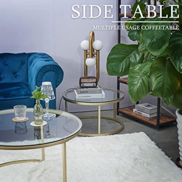Huuryoudo Lot de 2 Tables Basses en Verre doré avec Structure en métal - Table d'appoint Ronde pour Balcon, canapé, Petite Table de Salon, Plateau en doré – Image 4