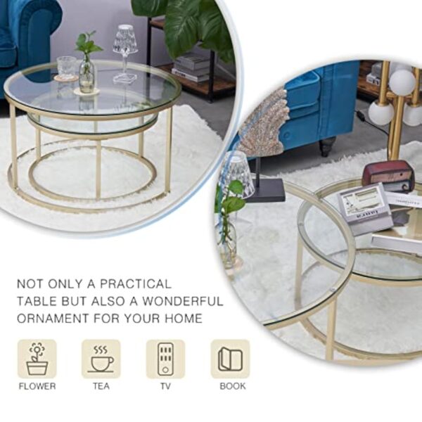 Huuryoudo Lot de 2 Tables Basses en Verre doré avec Structure en métal - Table d'appoint Ronde pour Balcon, canapé, Petite Table de Salon, Plateau en doré – Image 6