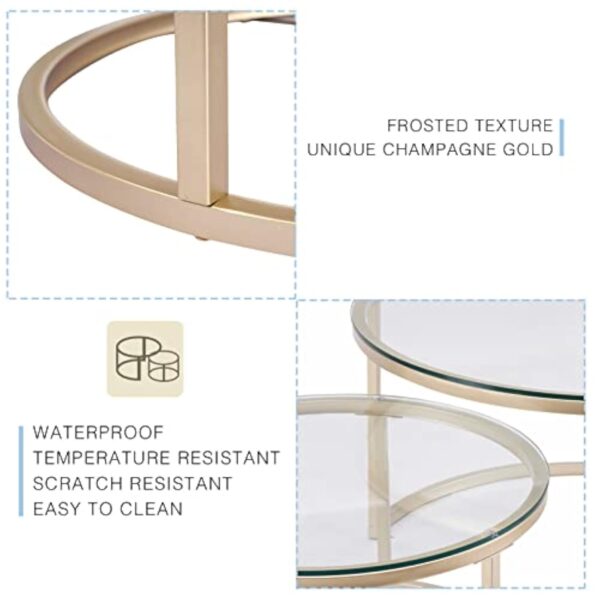Huuryoudo Lot de 2 Tables Basses en Verre doré avec Structure en métal - Table d'appoint Ronde pour Balcon, canapé, Petite Table de Salon, Plateau en doré – Image 7