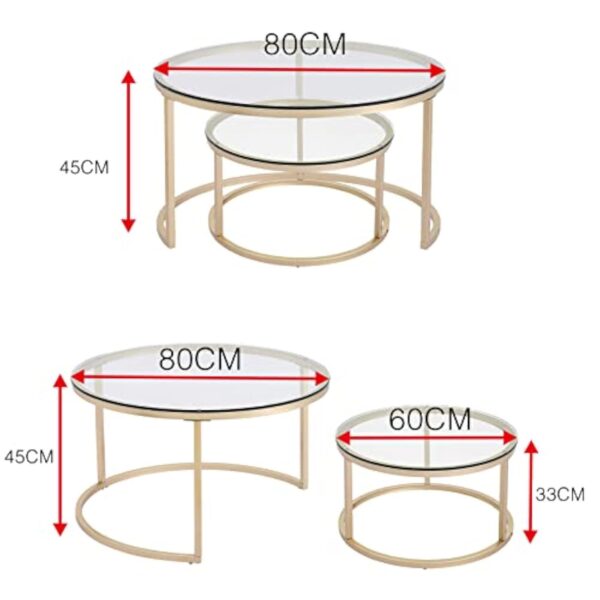 Huuryoudo Lot de 2 Tables Basses en Verre doré avec Structure en métal - Table d'appoint Ronde pour Balcon, canapé, Petite Table de Salon, Plateau en doré – Image 8