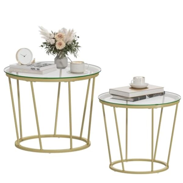 Hzuaneri Table Basse Ronde, Ensemble de 2 Tables Basses, Table d'appoint, Table de Salon, Table de canapé avec Amovible, Table d'appoint avec Structure en métal, pour Salon, Doré, CT13599A – Image 5