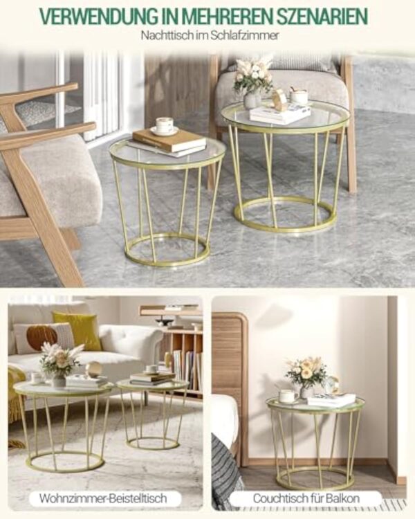Hzuaneri Table Basse Ronde, Ensemble de 2 Tables Basses, Table d'appoint, Table de Salon, Table de canapé avec Amovible, Table d'appoint avec Structure en métal, pour Salon, Doré, CT13599A – Image 7