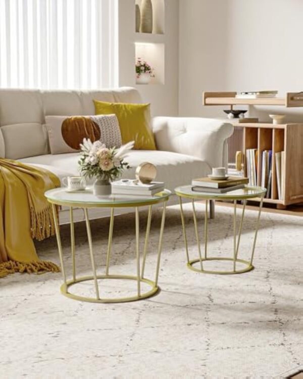 Hzuaneri Table Basse Ronde, Ensemble de 2 Tables Basses, Table d'appoint, Table de Salon, Table de canapé avec Amovible, Table d'appoint avec Structure en métal, pour Salon, Doré, CT13599A – Image 9
