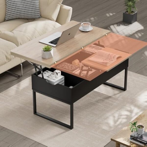 JoliJour Table Basse Relevable, Table de Salon avec Compartiment Caché et Étagère de Rangement Table de Salle à Manger Industrielle pour Salon Chambre Brun, Moderne Table Basse à Plateau Relevable