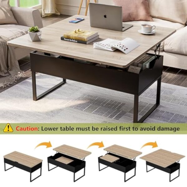 JoliJour Table Basse Relevable, Table de Salon avec Compartiment Caché et Étagère de Rangement Table de Salle à Manger Industrielle pour Salon Chambre Brun, Moderne Table Basse à Plateau Relevable – Image 3