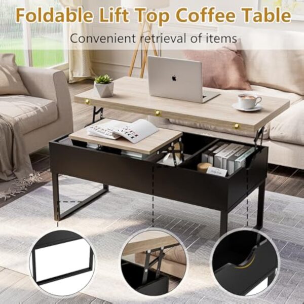 JoliJour Table Basse Relevable, Table de Salon avec Compartiment Caché et Étagère de Rangement Table de Salle à Manger Industrielle pour Salon Chambre Brun, Moderne Table Basse à Plateau Relevable – Image 4