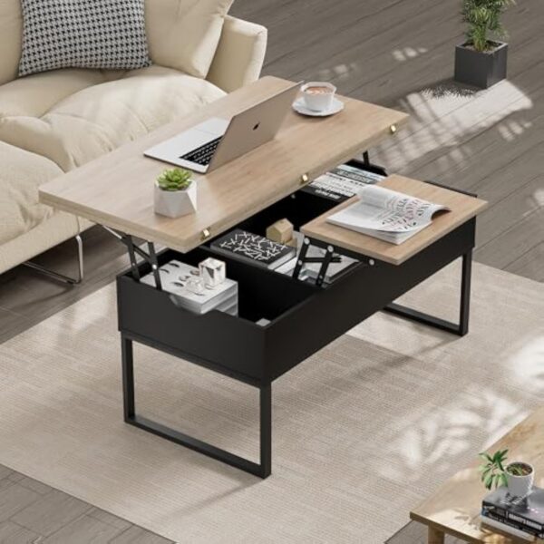 JoliJour Table Basse Relevable, Table de Salon avec Compartiment Caché et Étagère de Rangement Table de Salle à Manger Industrielle pour Salon Chambre Brun, Moderne Table Basse à Plateau Relevable – Image 5
