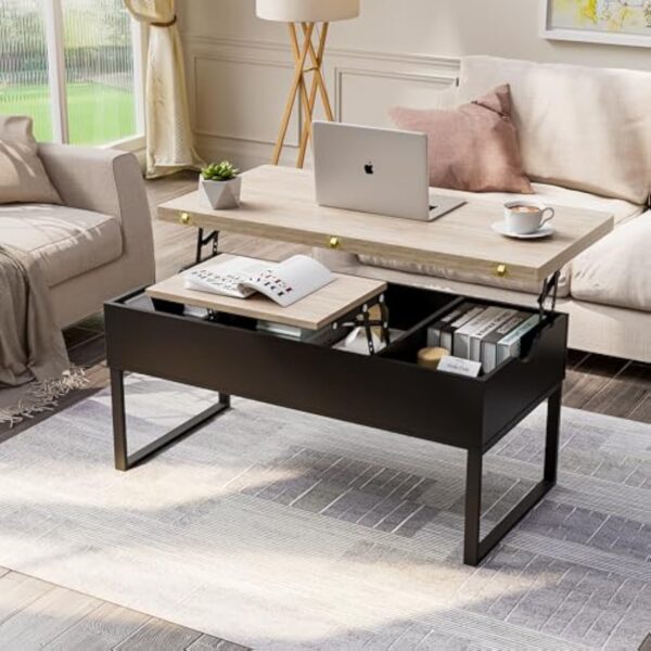 JoliJour Table Basse Relevable, Table de Salon avec Compartiment Caché et Étagère de Rangement Table de Salle à Manger Industrielle pour Salon Chambre Brun, Moderne Table Basse à Plateau Relevable – Image 6