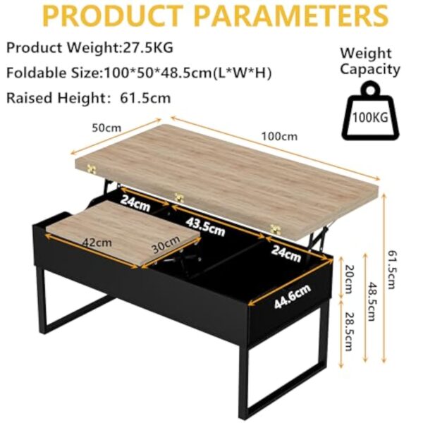 JoliJour Table Basse Relevable, Table de Salon avec Compartiment Caché et Étagère de Rangement Table de Salle à Manger Industrielle pour Salon Chambre Brun, Moderne Table Basse à Plateau Relevable – Image 7