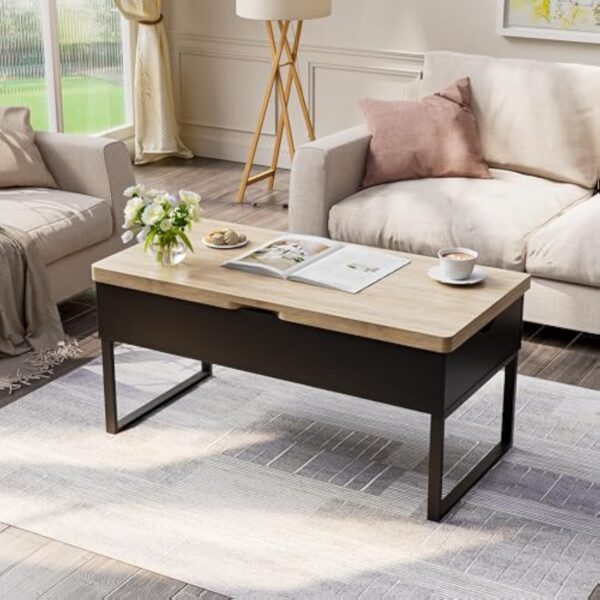 JoliJour Table Basse Relevable, Table de Salon avec Compartiment Caché et Étagère de Rangement Table de Salle à Manger Industrielle pour Salon Chambre Brun, Moderne Table Basse à Plateau Relevable – Image 8
