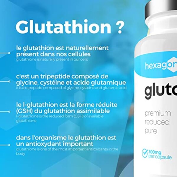 L-Glutathion 300mg - +2 Mois de Cure - Antioxydant & Détoxifiant - Boost Glutathion, Peau Nette - Réduit & Disponible - 60 Gélules Végétales - Vegan - Sans Additifs - Made in France - Hexagon – Image 3