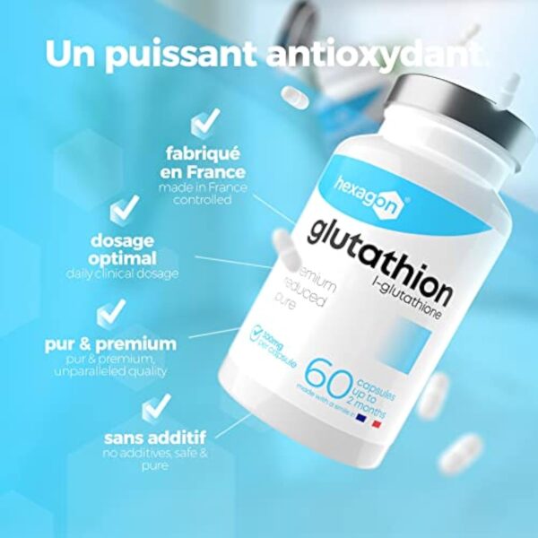 L-Glutathion 300mg - +2 Mois de Cure - Antioxydant & Détoxifiant - Boost Glutathion, Peau Nette - Réduit & Disponible - 60 Gélules Végétales - Vegan - Sans Additifs - Made in France - Hexagon – Image 4