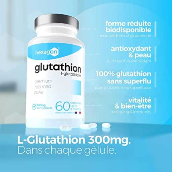L-Glutathion 300mg - +2 Mois de Cure - Antioxydant & Détoxifiant - Boost Glutathion, Peau Nette - Réduit & Disponible - 60 Gélules Végétales - Vegan - Sans Additifs - Made in France - Hexagon – Image 5