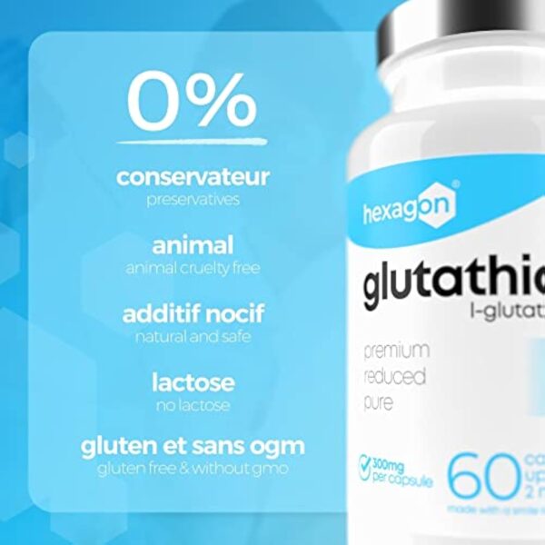 L-Glutathion 300mg - +2 Mois de Cure - Antioxydant & Détoxifiant - Boost Glutathion, Peau Nette - Réduit & Disponible - 60 Gélules Végétales - Vegan - Sans Additifs - Made in France - Hexagon – Image 6