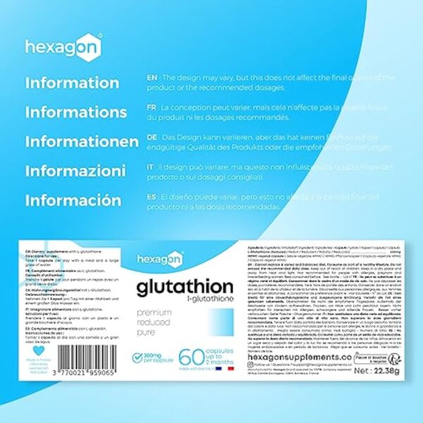 L-Glutathion 300mg - +2 Mois de Cure - Antioxydant & Détoxifiant - Boost Glutathion, Peau Nette - Réduit & Disponible - 60 Gélules Végétales - Vegan - Sans Additifs - Made in France - Hexagon – Image 8