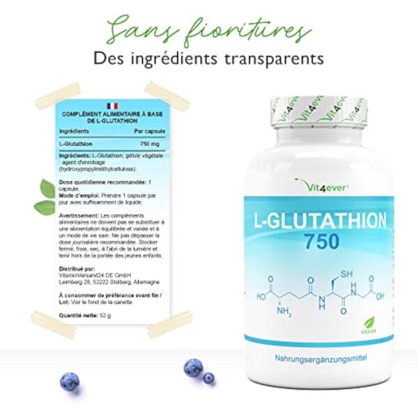 L-Glutathion avec 750 mg par gélule - Premium : glutathion réduit & bioactif issu de la fermentation - 60 gélules - fortement dosé - végétalien – Image 6