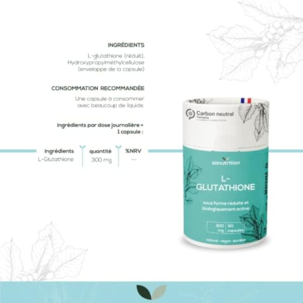 L-Glutathion réduit 300 mg par gélule | 90 gélules | sous forme biologiquement active | hautement dosé | bonne biodisponibilité et tolérance | végétalien | emballage 100% papier – Image 7