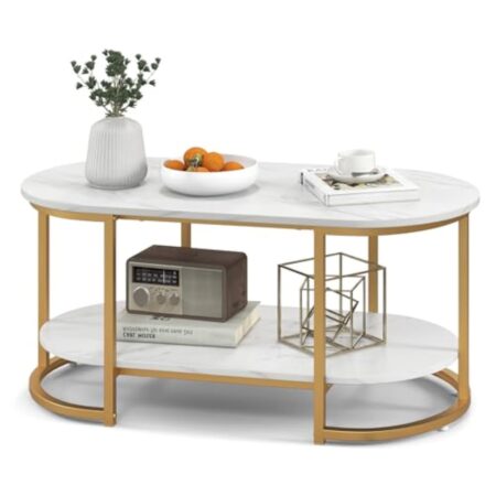 LIFEZEAL Table de Salon Ovale avec Effet de Marbre, Table Basse Moderne à 2 étagères, Meuble de Salon en Bois+Métal, Montage Simple, 100 x 50 x 45 cm, Or