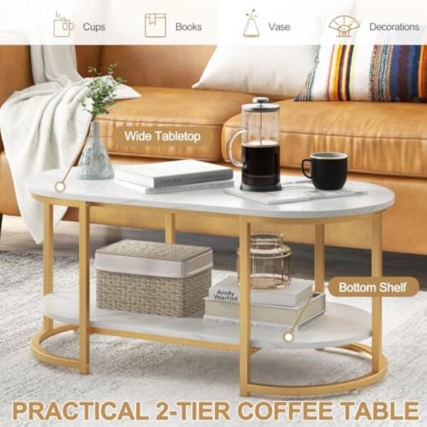 LIFEZEAL Table de Salon Ovale avec Effet de Marbre, Table Basse Moderne à 2 étagères, Meuble de Salon en Bois+Métal, Montage Simple, 100 x 50 x 45 cm, Or – Image 5