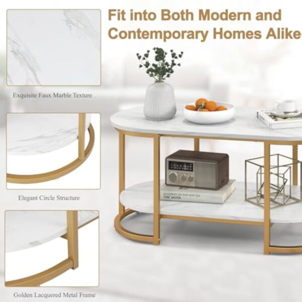 LIFEZEAL Table de Salon Ovale avec Effet de Marbre, Table Basse Moderne à 2 étagères, Meuble de Salon en Bois+Métal, Montage Simple, 100 x 50 x 45 cm, Or – Image 6
