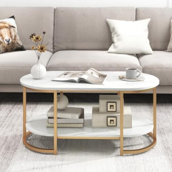 LIFEZEAL Table de Salon Ovale avec Effet de Marbre, Table Basse Moderne à 2 étagères, Meuble de Salon en Bois+Métal, Montage Simple, 100 x 50 x 45 cm, Or – Image 7