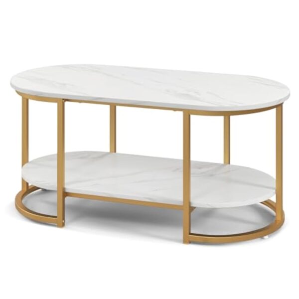 LIFEZEAL Table de Salon Ovale avec Effet de Marbre, Table Basse Moderne à 2 étagères, Meuble de Salon en Bois+Métal, Montage Simple, 100 x 50 x 45 cm, Or – Image 8