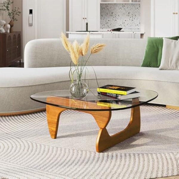 PRITIY Table basse moderne - Table basse triangulaire - En verre - Avec pieds en bois (chêne) (noyer + transparent, 82 x 57 x 40 cm)