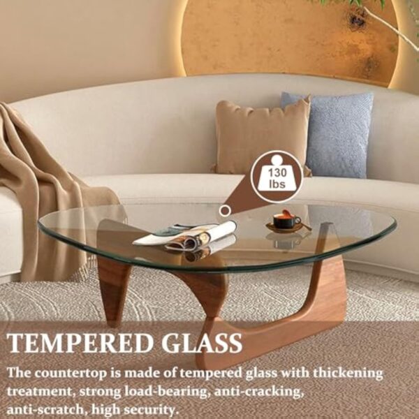 PRITIY Table basse moderne - Table basse triangulaire - En verre - Avec pieds en bois (chêne) (noyer + transparent, 82 x 57 x 40 cm) – Image 4
