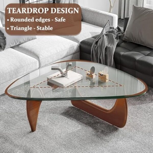 PRITIY Table basse moderne - Table basse triangulaire - En verre - Avec pieds en bois (chêne) (noyer + transparent, 82 x 57 x 40 cm) – Image 6