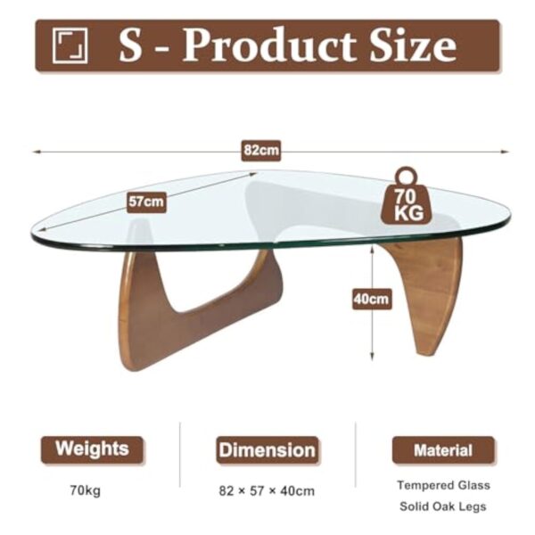 PRITIY Table basse moderne - Table basse triangulaire - En verre - Avec pieds en bois (chêne) (noyer + transparent, 82 x 57 x 40 cm) – Image 7