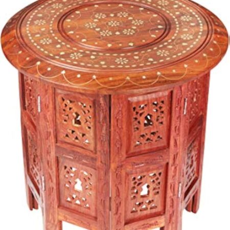 Petite Table Basse Orientale Pliante en Bois Caglanur Marron 38cm Ronde | Table de Chevet d'appoint Marocaine | Guéridon Pliant démontable | Décoration de Salon de Maison en Design Indien marocain