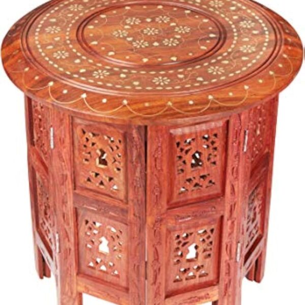 Petite Table Basse Orientale Pliante en Bois Caglanur Marron 38cm Ronde | Table de Chevet d'appoint Marocaine | Guéridon Pliant démontable | Décoration de Salon de Maison en Design Indien marocain