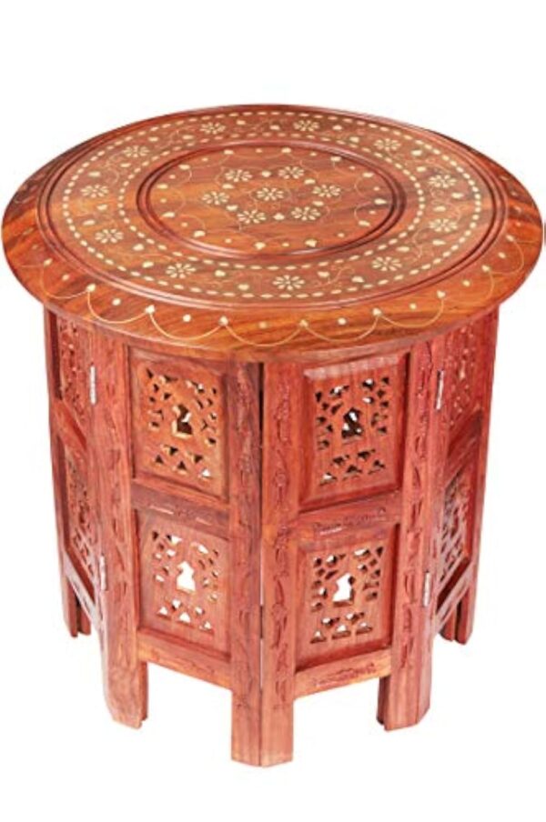 Petite Table Basse Orientale Pliante en Bois Caglanur Marron 38cm Ronde | Table de Chevet d'appoint Marocaine | Guéridon Pliant démontable | Décoration de Salon de Maison en Design Indien marocain