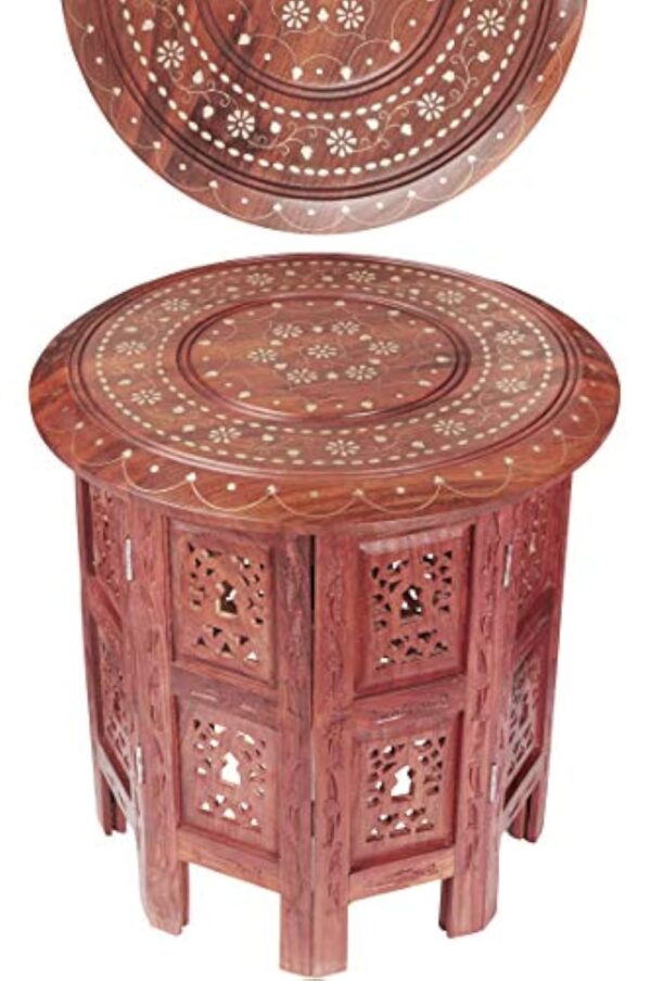 Petite Table Basse Orientale Pliante en Bois Caglanur Marron 38cm Ronde | Table de Chevet d'appoint Marocaine | Guéridon Pliant démontable | Décoration de Salon de Maison en Design Indien marocain – Image 4