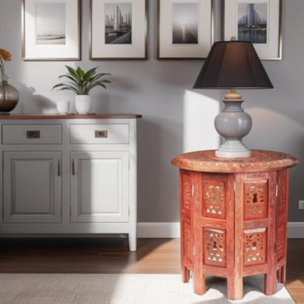 Petite Table Basse Orientale Pliante en Bois Caglanur Marron 38cm Ronde | Table de Chevet d'appoint Marocaine | Guéridon Pliant démontable | Décoration de Salon de Maison en Design Indien marocain – Image 5